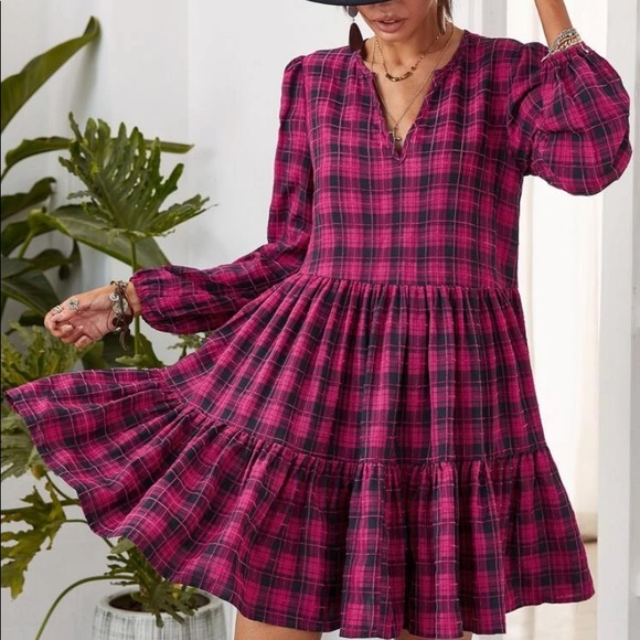 Plaid ruffle hem lantern sleeve blouse plum - Picture 15 of 16